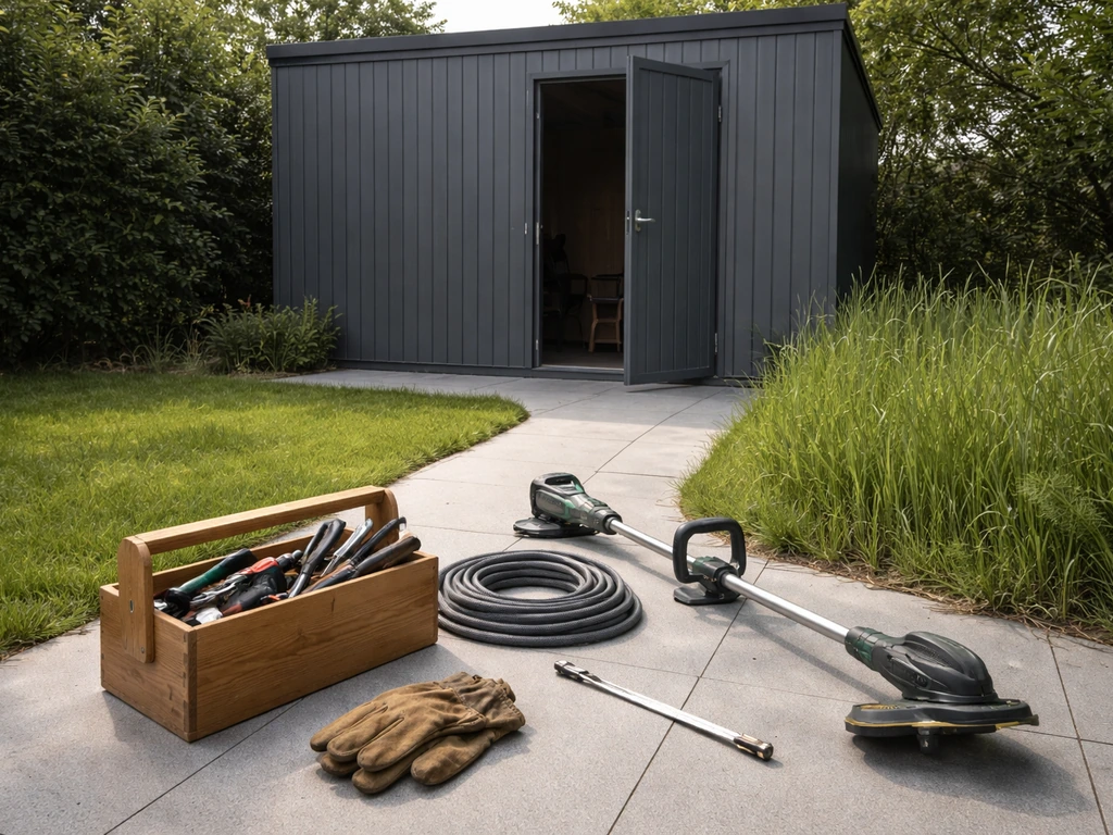 Buitenfoto met trimmer en gereedschap bij verschillend groeiend gras, als visuele hint voor trimseizoen april–oktober.