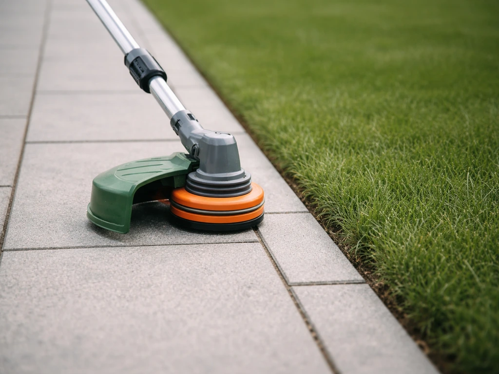 Close-up van een grastrimmer die langs een tegelpad en borderrand strak langs de rand trimt.