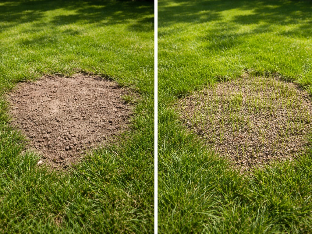 Voor-en-na van een kale plek in het gazon: links kaal na te kort maaien, rechts ingezaaid en weer groen.