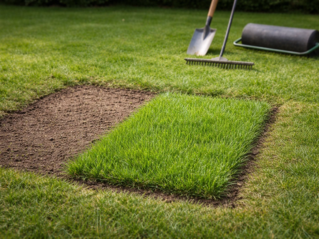 Hersteld vak in een NL-gazon met nieuw gras naast kale plek, met schep/hark/rol op de achtergrond