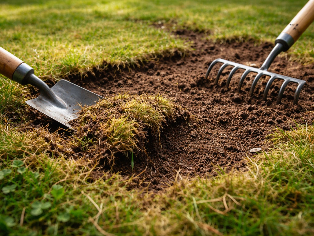 Close-up van een gazonplek waar dode gras en mos worden weggesneden en de grond wordt losgemaakt.