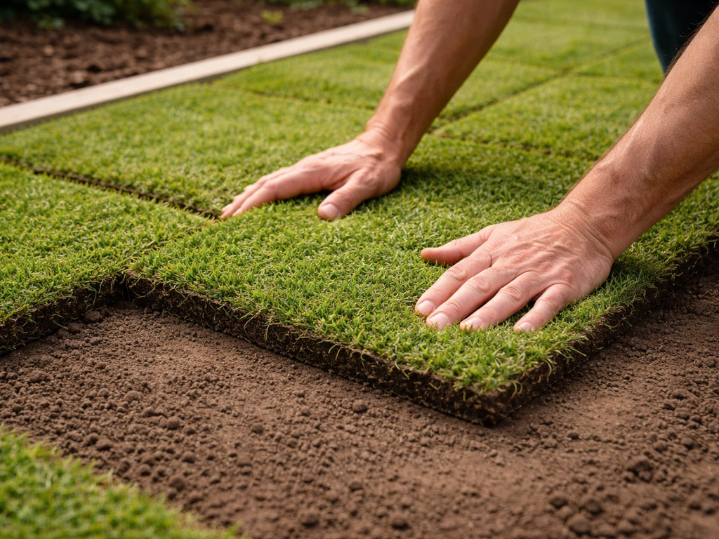 Handen leggen verse zoden in baksteenverband op een net afgevlakte ondergrond in de tuin.