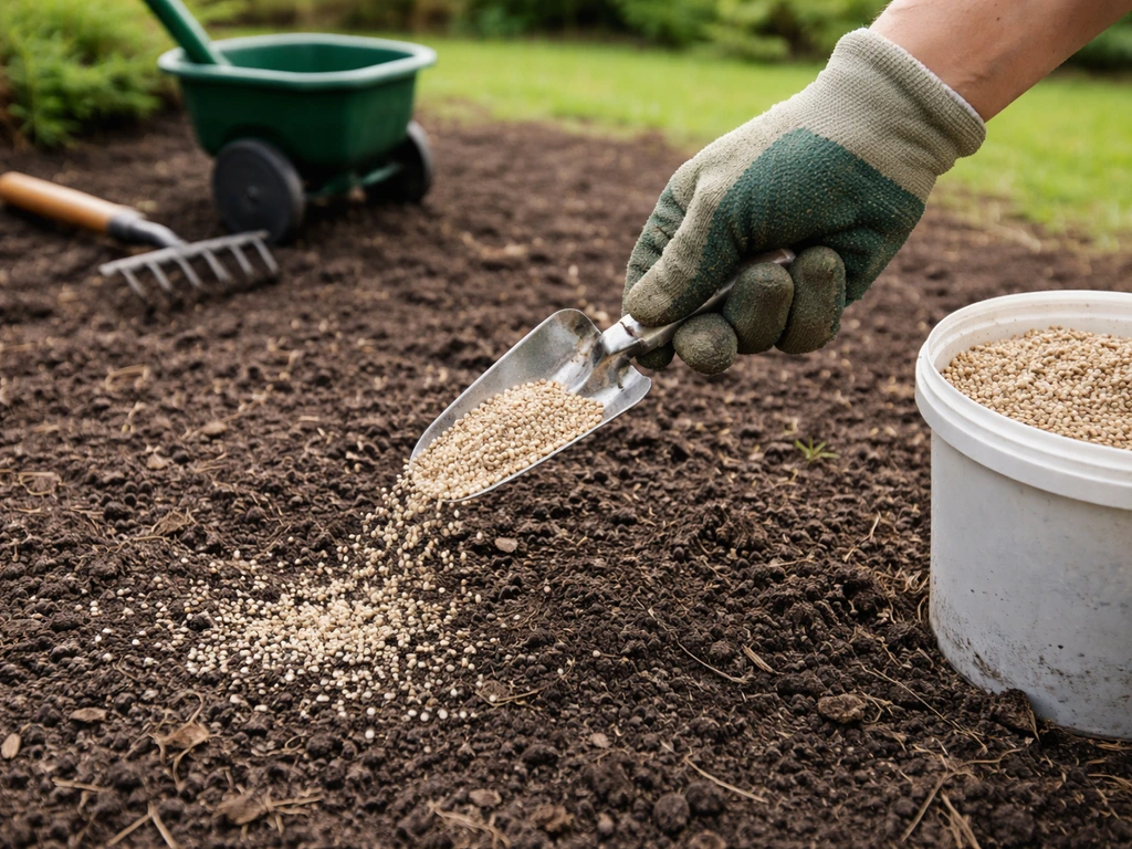 Anonieme tuinier strooit startersmestkorrels gelijkmatig uit op vers ingezaaide grond, met hulpmiddel naast zich.