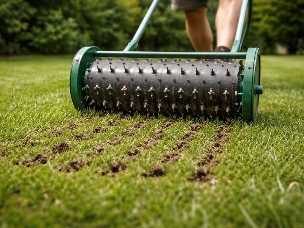 Een prikroller/beluchter prikt gaatjes in een gazon, met opengewerkte grond zichtbaar tussen het gras.