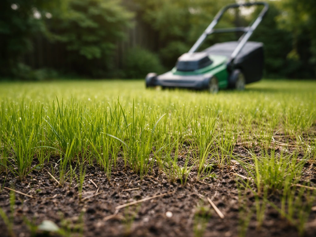 Jonge grasprieten na doorzaaien, met een maaimachine op de achtergrond in een rustige tuin