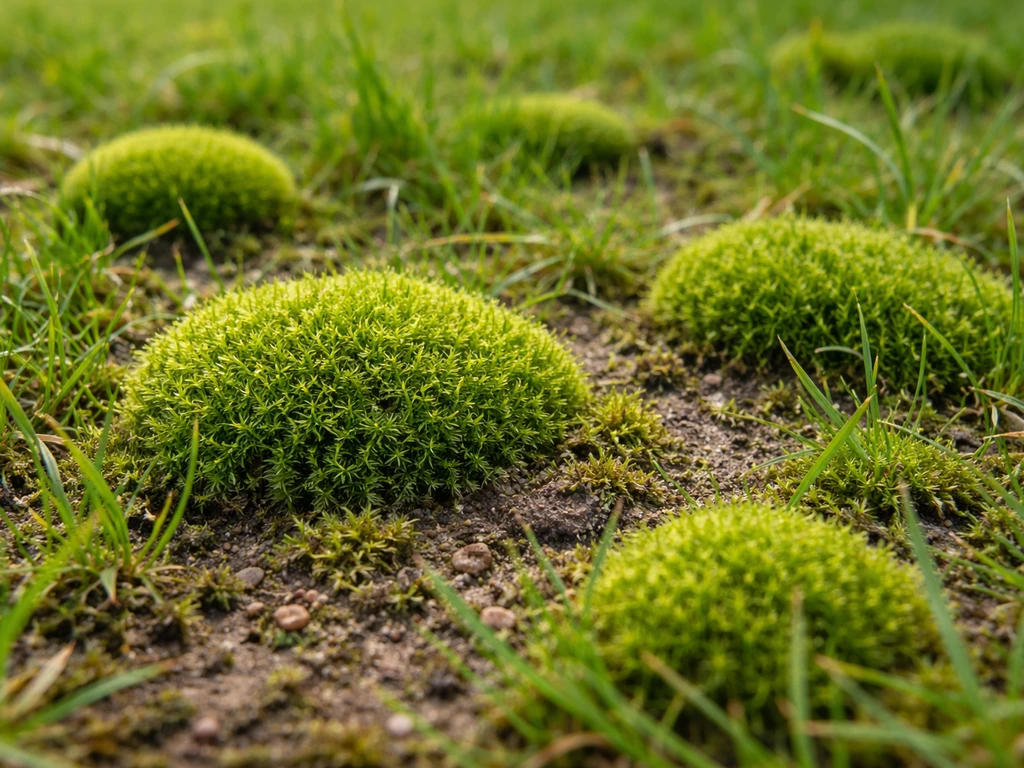Close-up van mospolletjes tussen gras in een gazon, met zichtbare ondergrond en verdichte plek.
