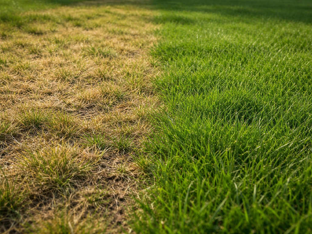Gele grasplek naast nog groen gazon met een duidelijke natuurlijke overgang, in zacht najaarslicht.