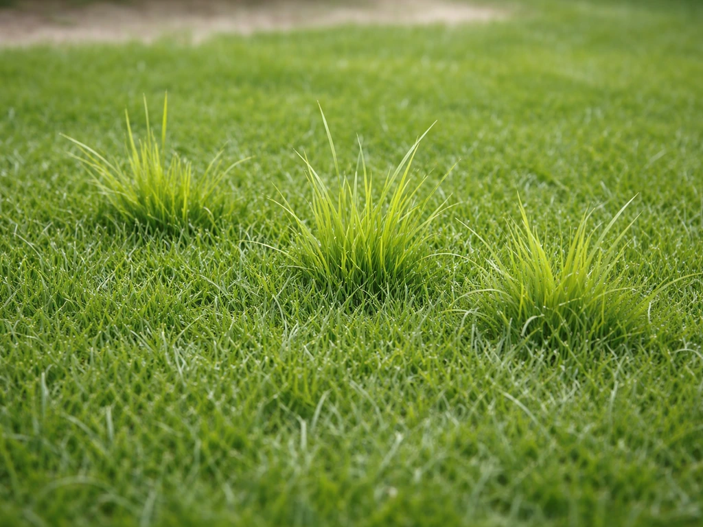 Close-up van een gazon met zichtbare plukken wild gras tussen gezond, groen gras.