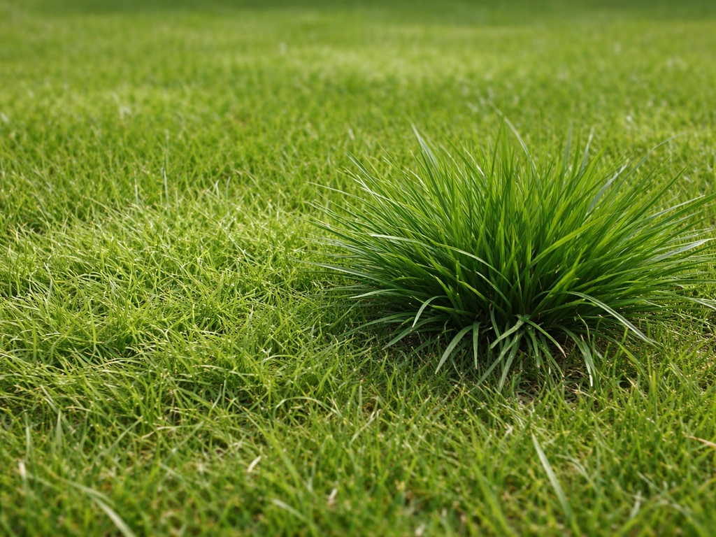 Detailfoto van een gazon met duidelijk verschillende grassoorten: polvormend en lichtgroen straatgras naast elkaar.
