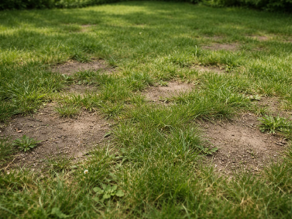 Close-up van een gazon met kale plekken en zwakke zones waar ongewenst gras opkomt.