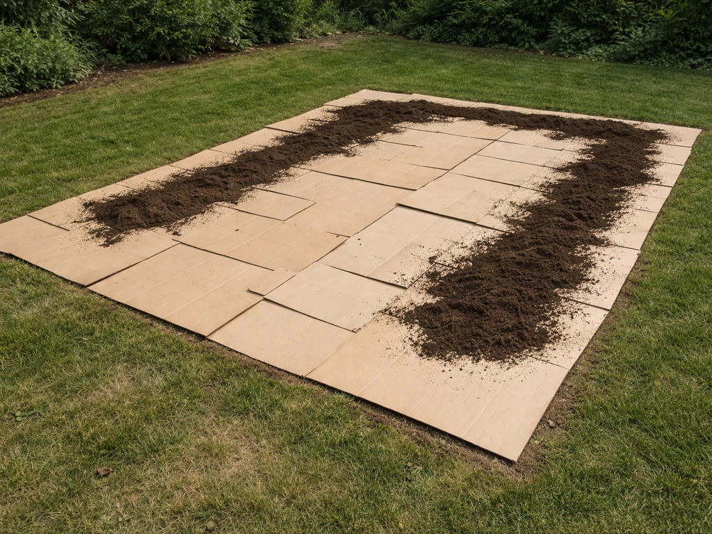 Kartonafdekking op een grote gazonzone met compostlaagje, randen sluiten het gebied duidelijk af.