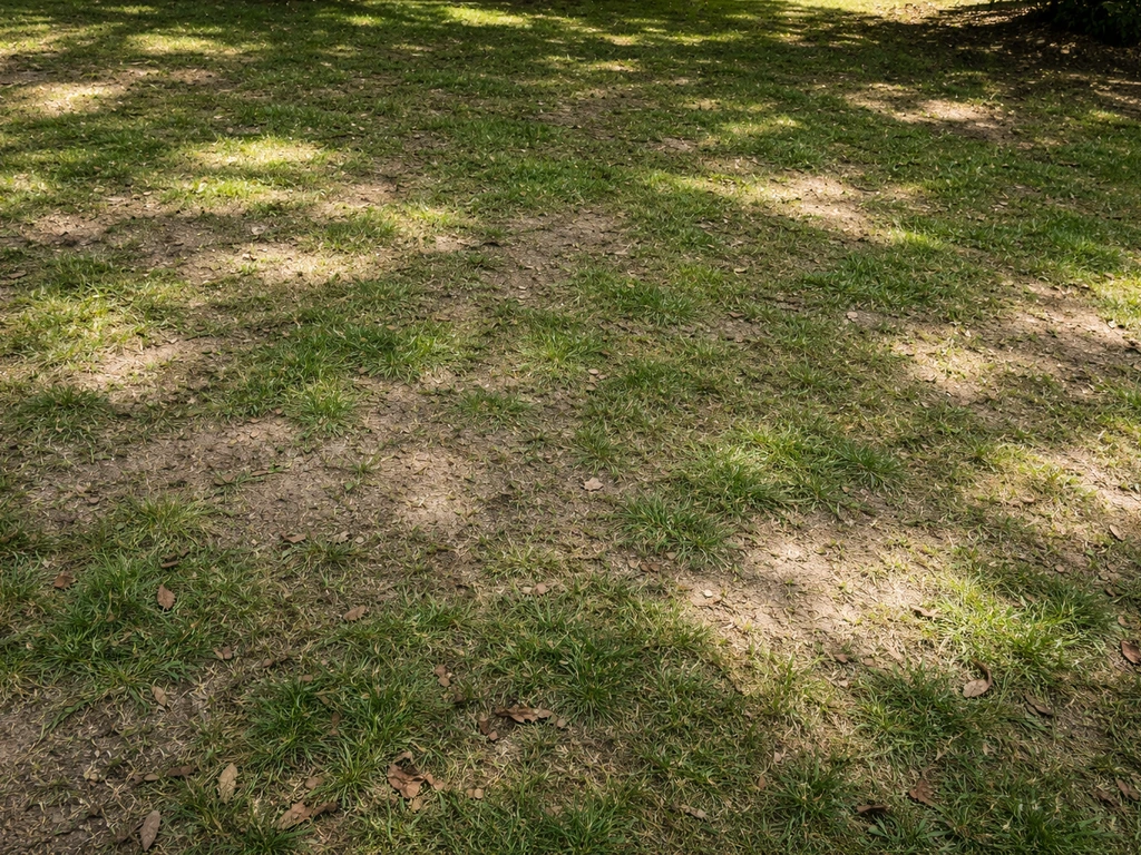 De Lage Vuursche: deel van een gazon met dun gras, kale plekken en schaduw van bomen in de tuin