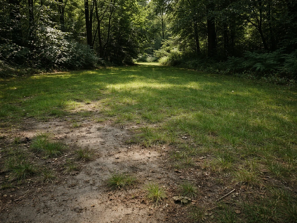 Bosrandtuin met schaduw en zandige bodem waar gras deels slecht groeit