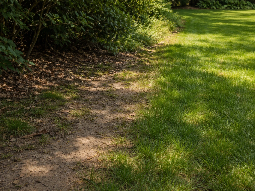 Gazon met minder grasgroei in boom- en struikschaduw, vergeleken met zonnige rand