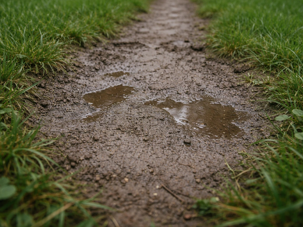 Close-up van een verdicht graspad met plakkerige bodem en water dat langzaam wegzakt na regen.