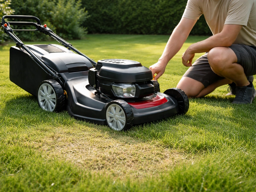 Tuinier op een gazon met een ingestelde grasmaaier en een herstelplek met zichtbaar gemaaid gras op juiste hoogte