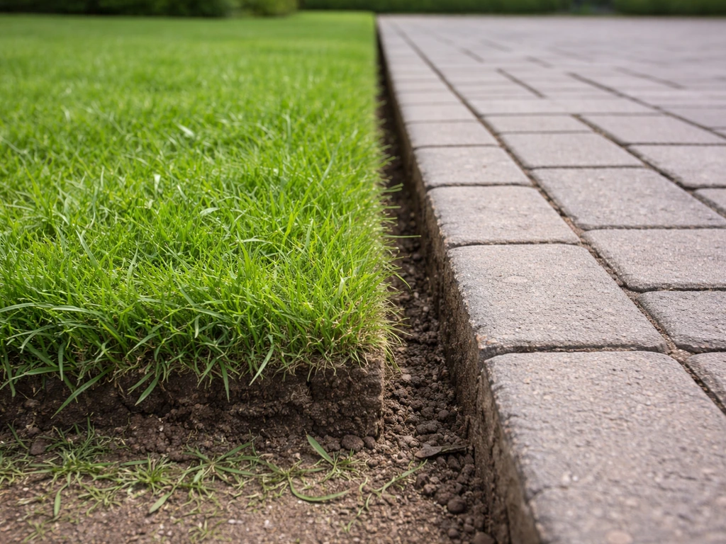 Strakke tuinrand waar het gazon net is afgestoken en scherp overgaat in bestrating