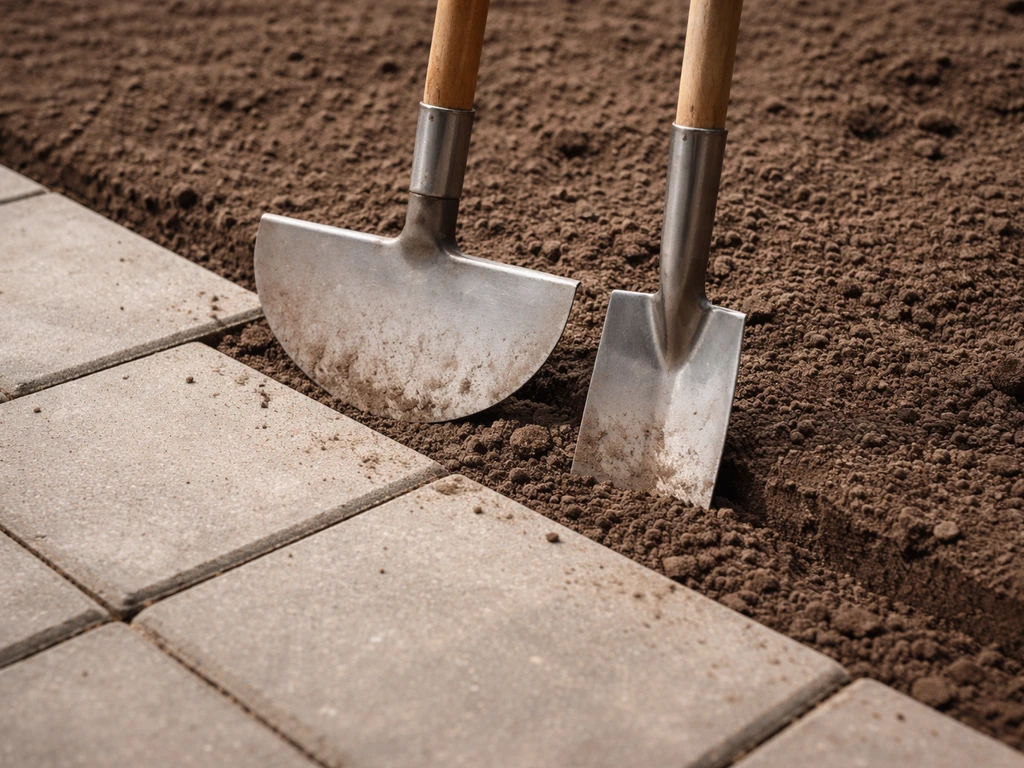 Halfmaansnijder en randspade klaar naast bestrating en een border, close-up van het gereedschap