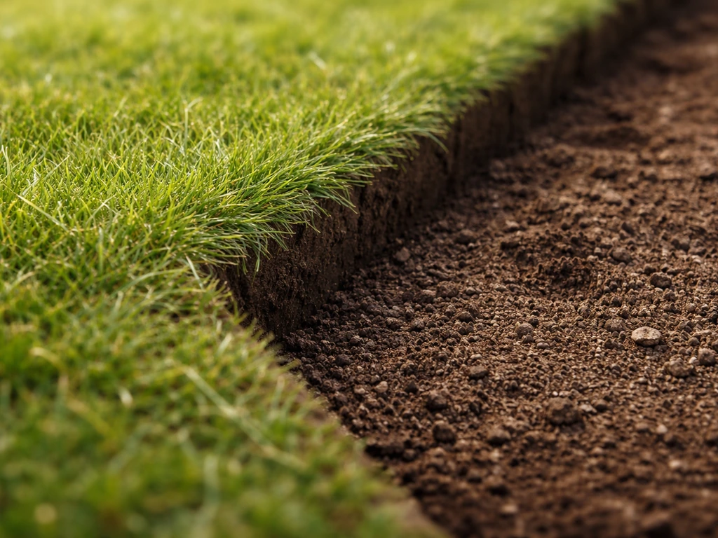 Close-up van een tuinborder met losse grond waar de rand licht overhangend een strakke V-vorm behoudt.