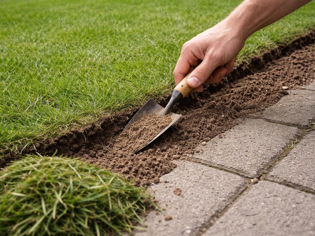 Tuinier legt losse grond terug op gazonrand en ruimt snijafval op; begin van bijzaaien bij de randlijn.