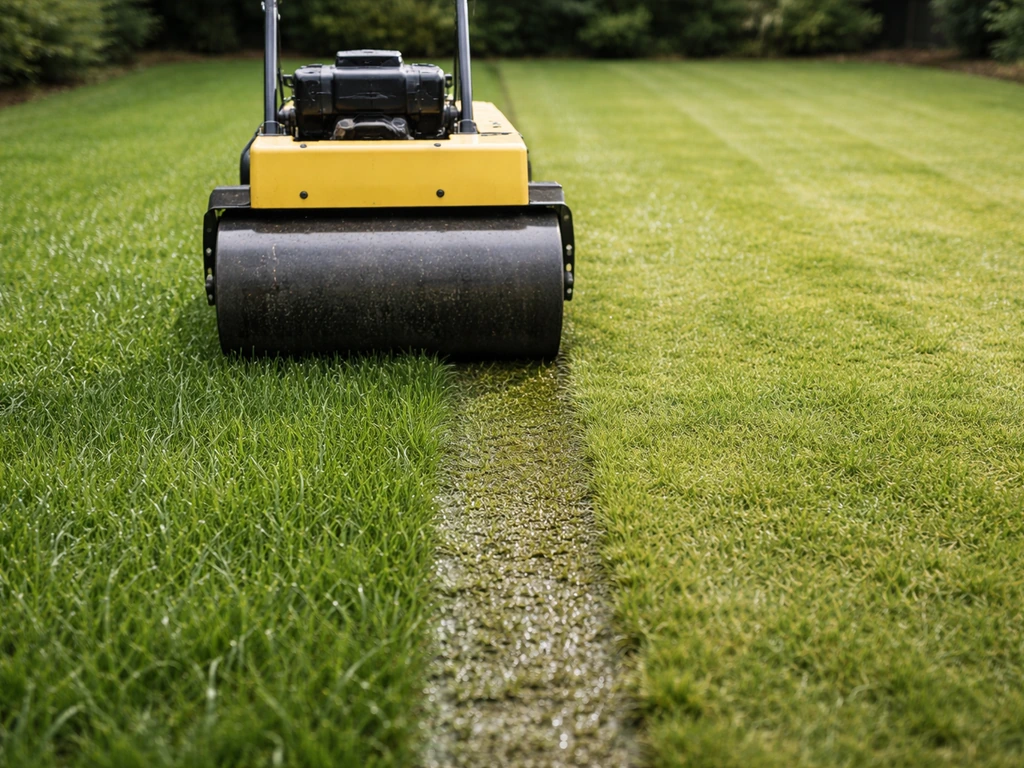 Natuurgetrouw gazon met wals in natte en drogere plekken, duidelijke wisselende grasconditie