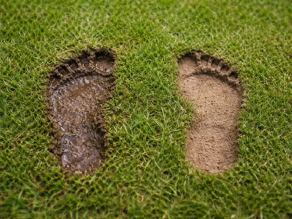 Close-up van twee voetafdrukken in gazon: links nat en wegzakken, rechts stevig en vlak.