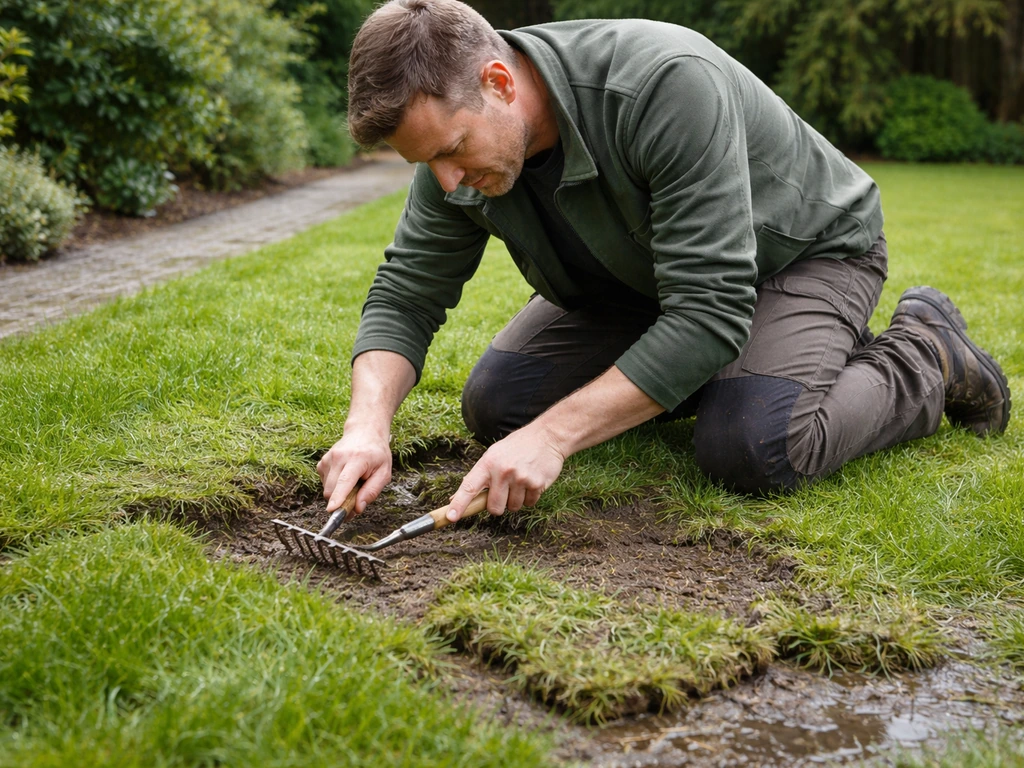 Tuinier inspecteert nat gazon en werkt oneffenheden bij met een hark, in rustige tuin