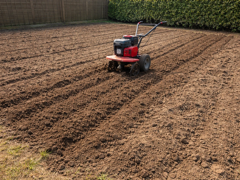 Een pas gefreesd grasveld met omgewoelde, rulle grond en een tuinfrees in een Nederlandse tuin.