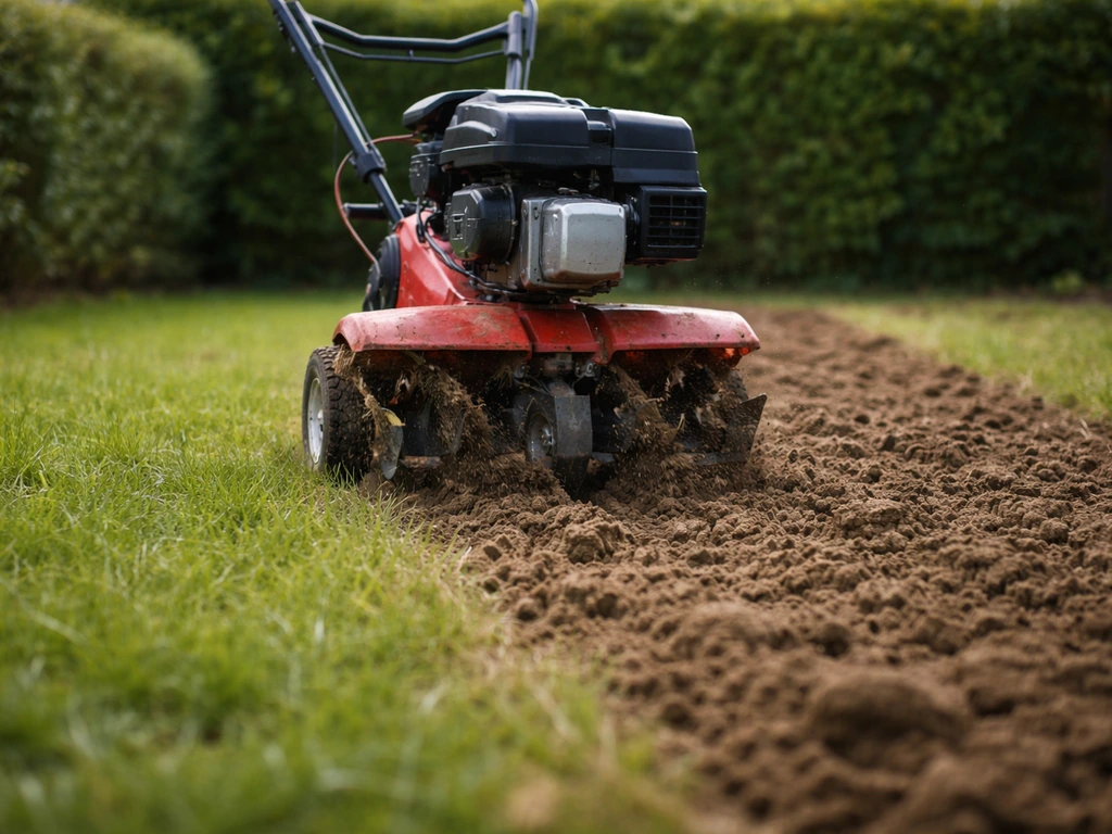 Tuinfrees die gras en bovenlaag losmaakt, zichtbaar rulle grond als resultaat op een eenvoudige tuinbodem.