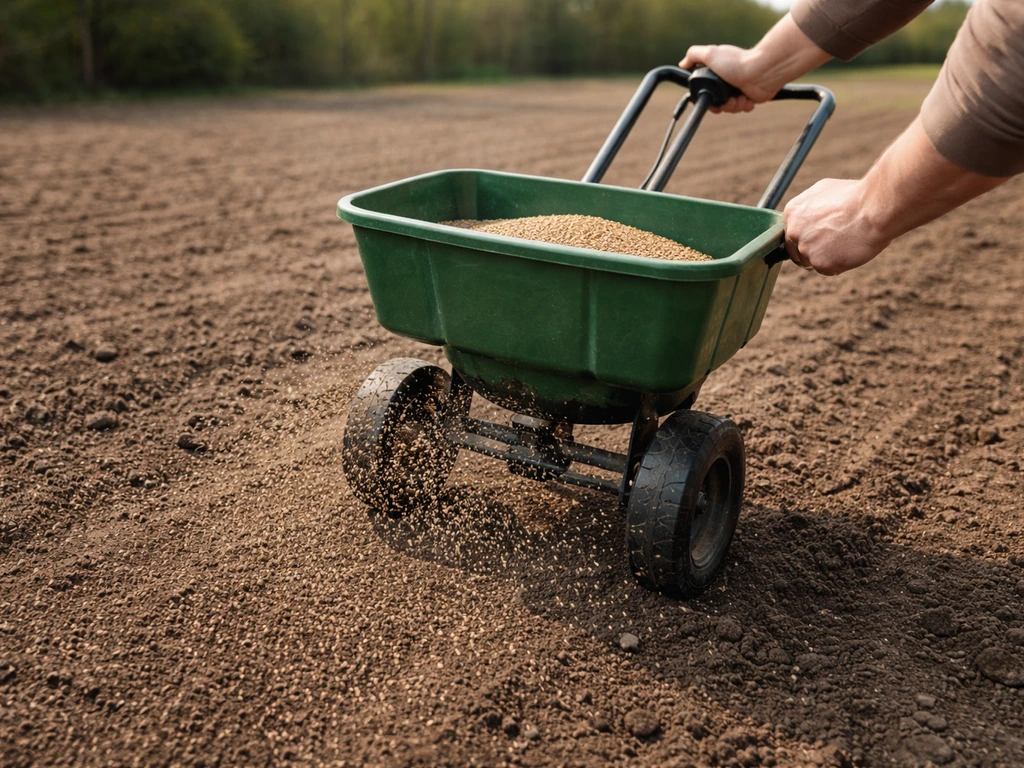 Strooiwagen die zaad uitwerpt op net gefreesd gazon, met gelijkmatige verdeling over de grond.