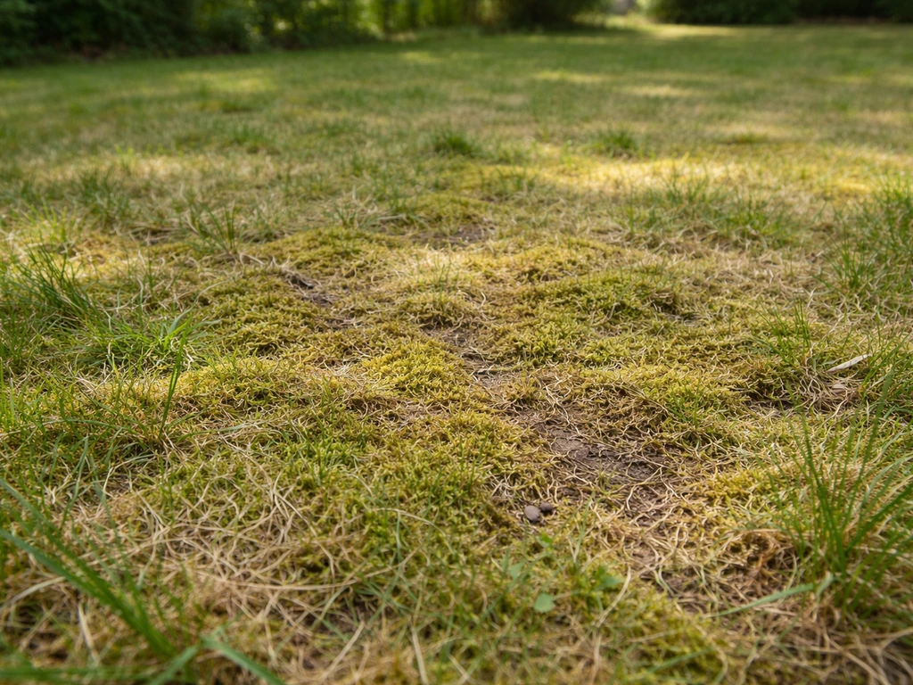 Close-up van een gazon met mos en viltige plekken, bladeren en natte grond zichtbaar, klaar voor aanpak.