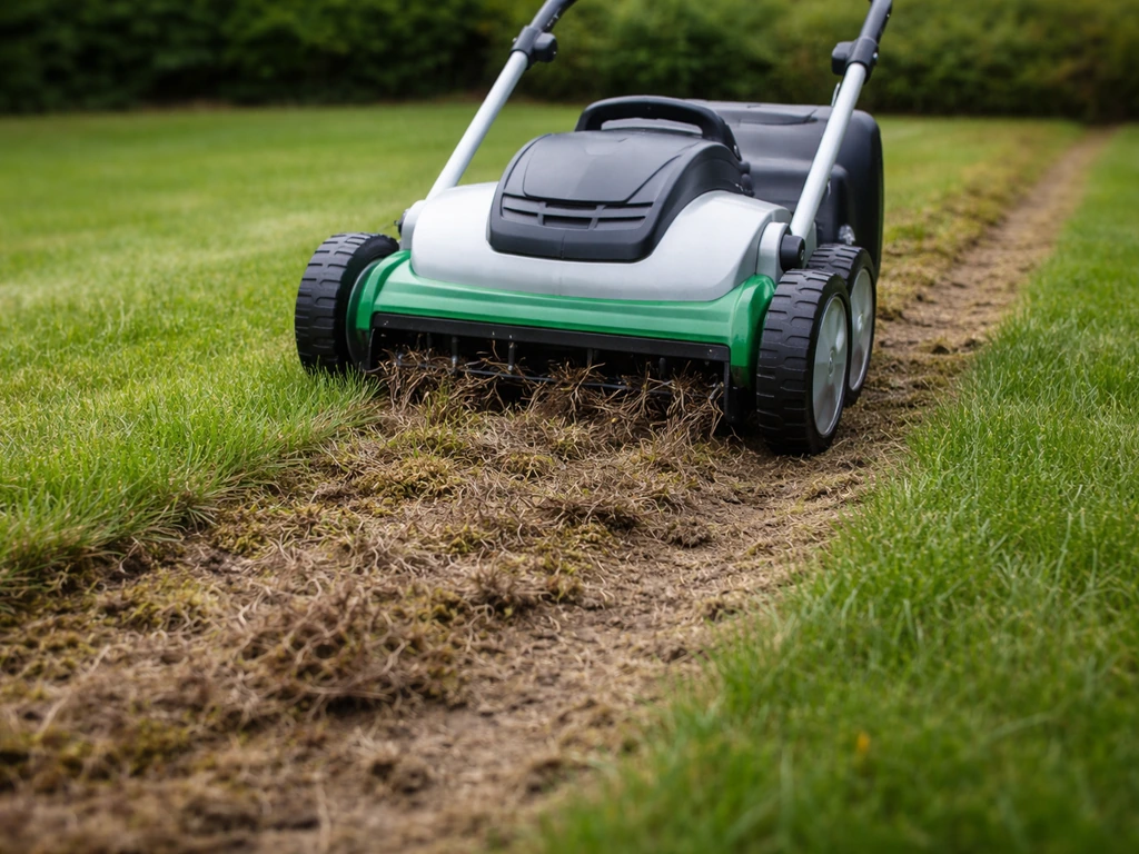Verticutmachine bewerkt vilt en mos op een gazon, met groene grasstreep en rustige tuinomgeving.