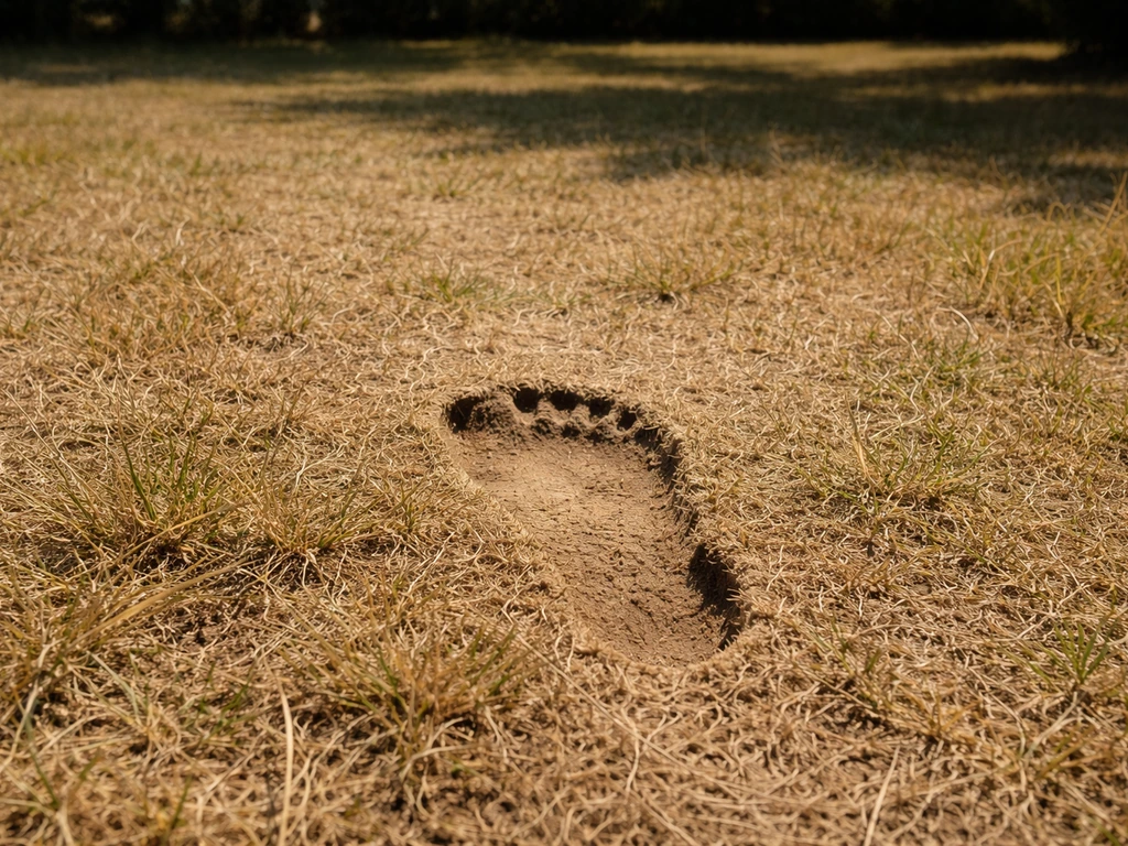 Voetafdruk op verdroogd, bruin gras die zichtbaar blijft na een korte stap (droogtestresscheck).