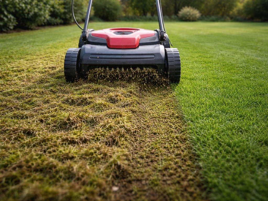 Verticuteermachine op een groen gazon met afgebakende stroken, mos wordt losgemaakt door beluchting