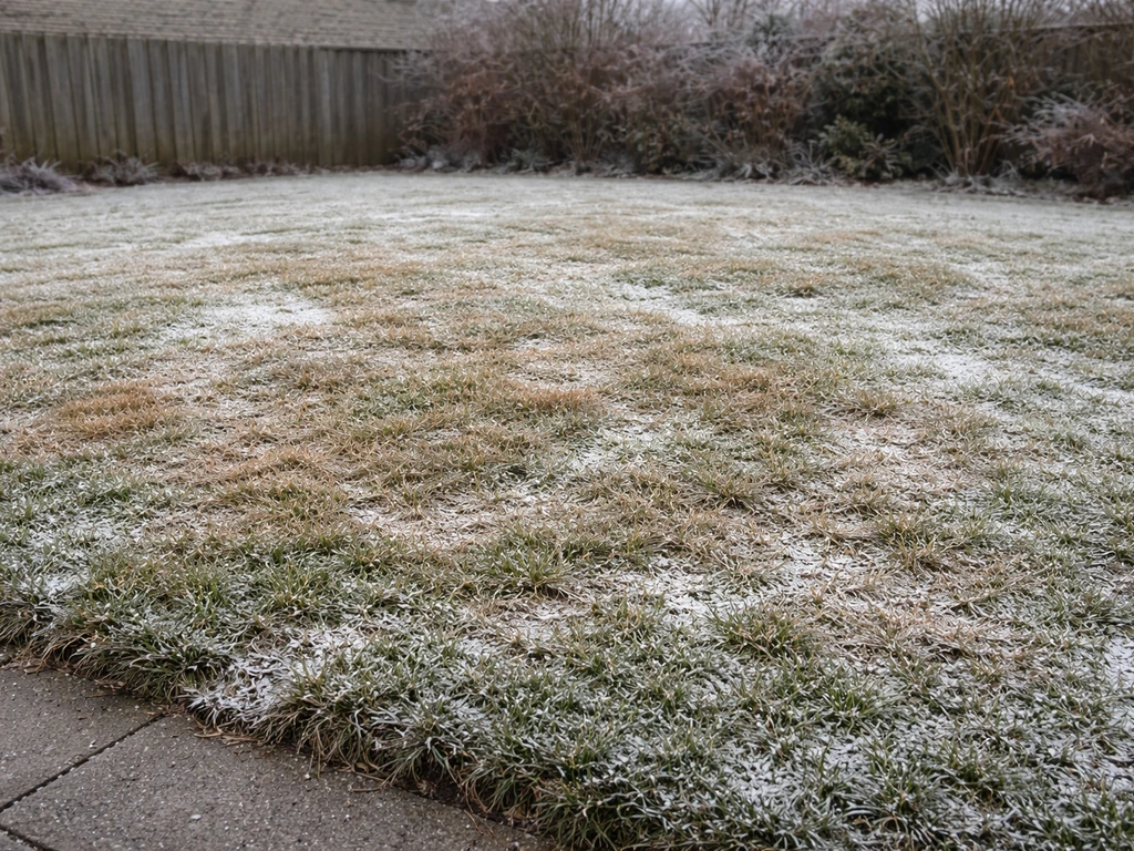Wintergazon met bruin verkleurde plekken, rijp en een vleugje lichte sneeuw in een rustige Nederlandse tuin.