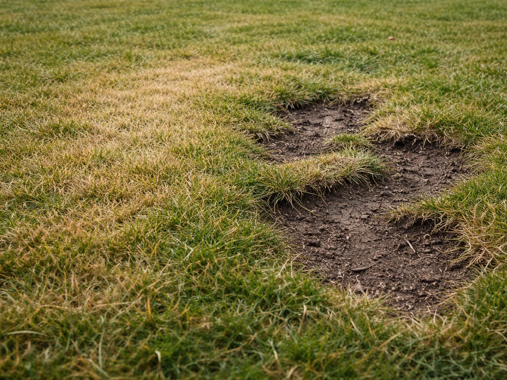 Close-up van wintergazon: egale stro-/bruingele vervaging links en onregelmatige kale plekken rechts.