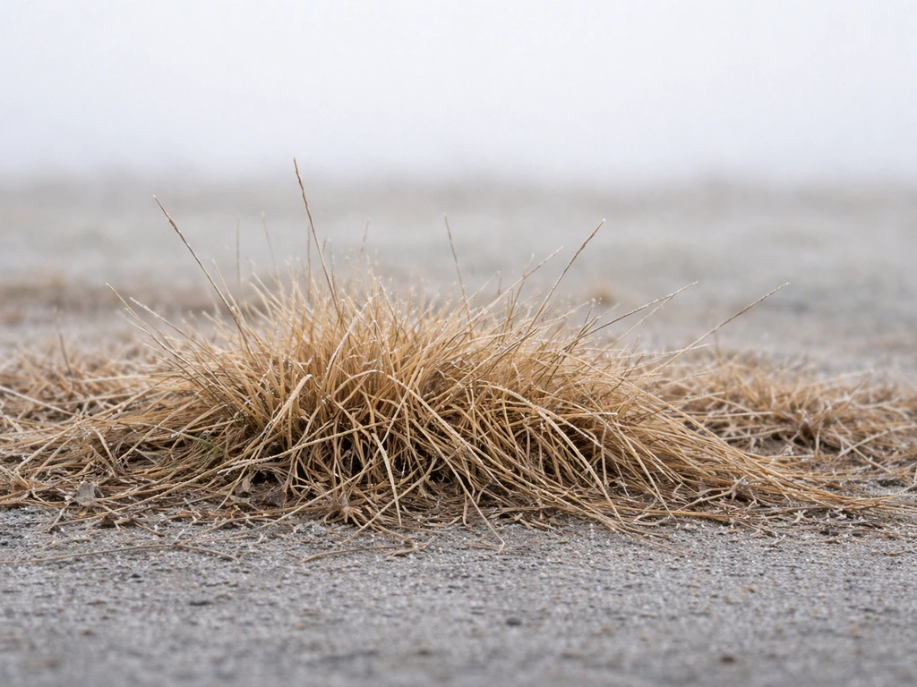 Bruine, vergeelde graspolken in stilstaande winterrust bij kou, met een koele lucht en zachte schaduw.
