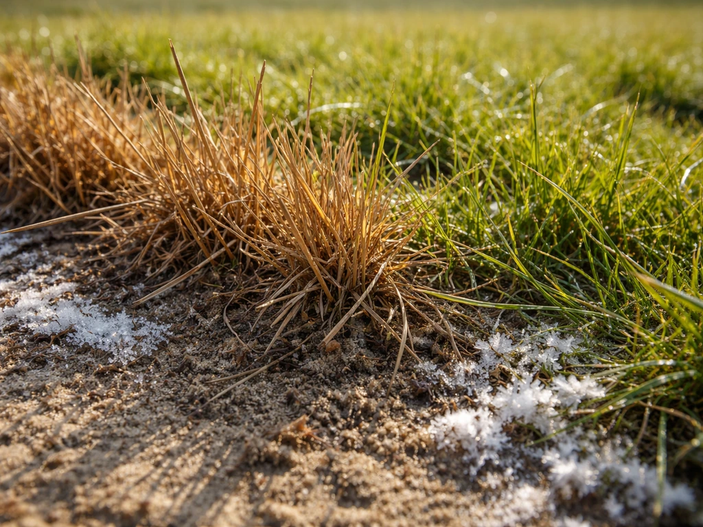 Close-up van uitgedroogd bruin gras aan de zonnige rand, met nog groen gras ernaast en winterzon.