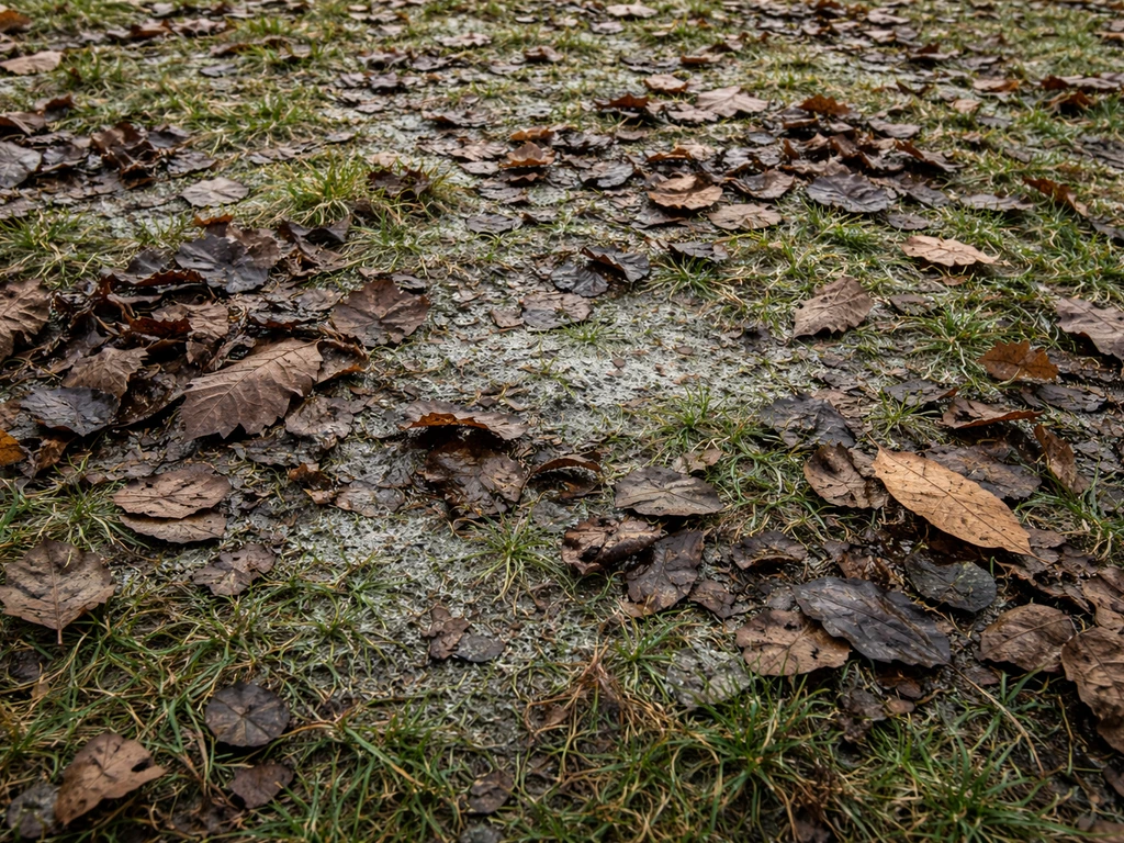 Wintergazon met een zichtbare laag bladafval en organisch materiaal dat het gras grijs en verdicht laat ogen.