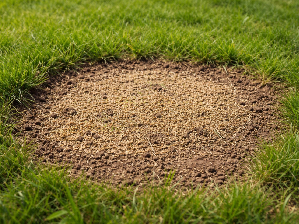 Kale plek in een gazon, licht ingeharkt en ingezaaid met herstelgraszaad, naast de bestaande grasmat.