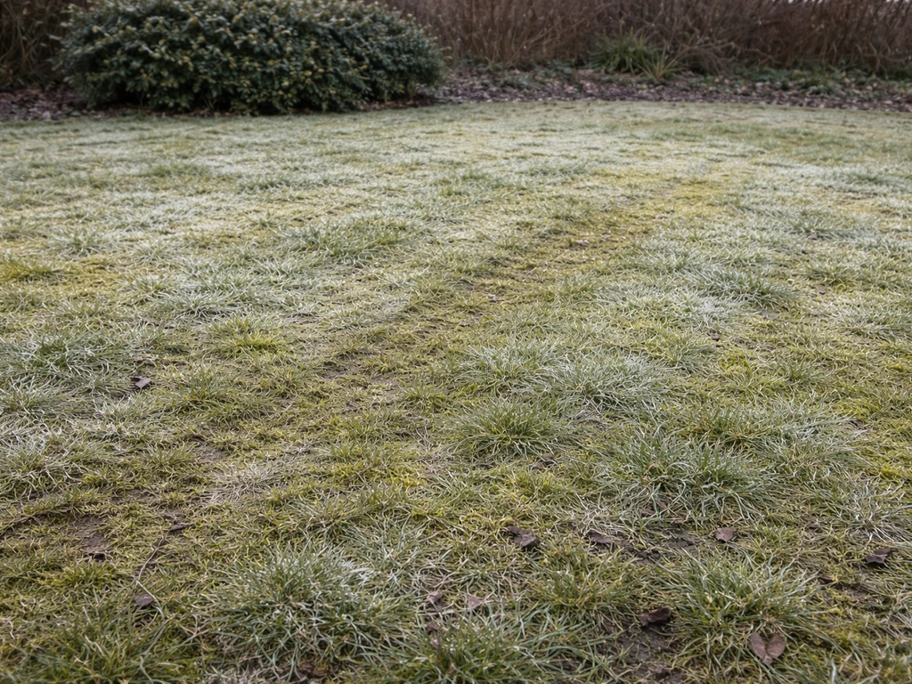 Wintergazon in januari met lichte rijp, mosaccenten en een rustige, onderhoudsvriendelijke sfeer