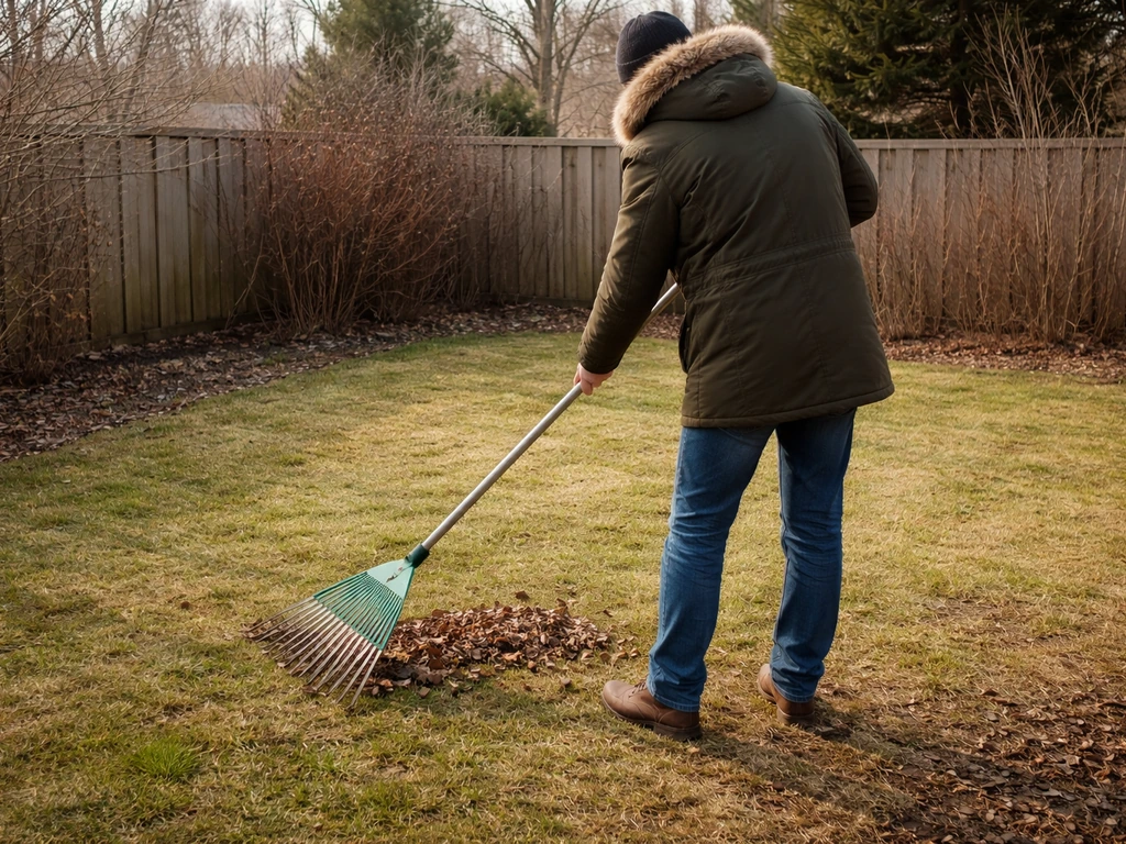 Anonieme persoon harkend op een droog, vorstvrij gazon in januari, met wintertuin op de achtergrond.