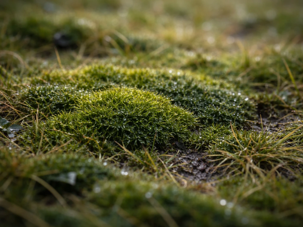 Close-up van wintermos op een vochtige grasmat, met mosvlekken duidelijk zichtbaar tegenover zwakker gras.