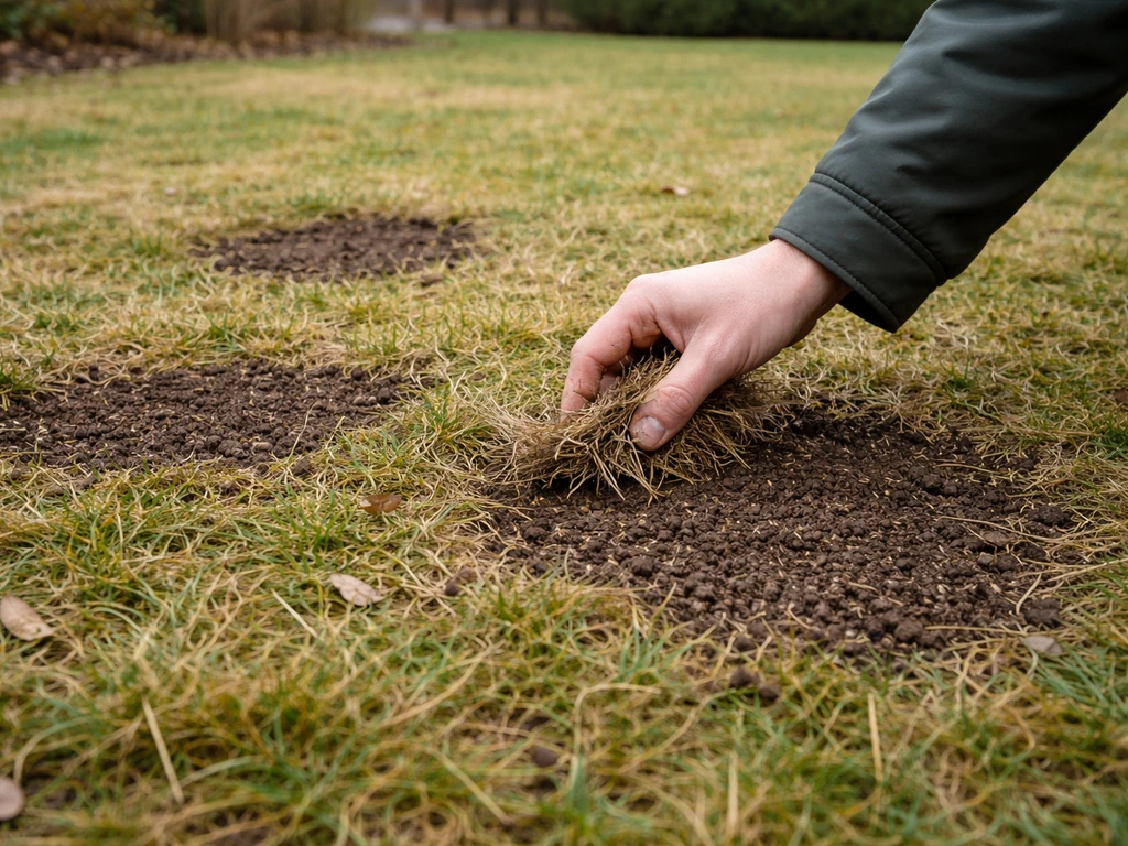 Januari-gazon met kale plekken; hand maakt de grond schoon en maakt kleine afgebakende plekken klaar.