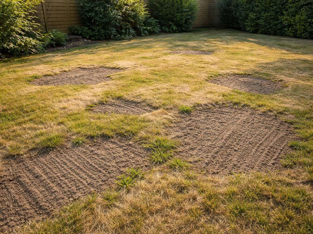 Vergeeld en dor gazon met kale plekken in een Nederlandse tuin, met subtiele tekenen van herstel