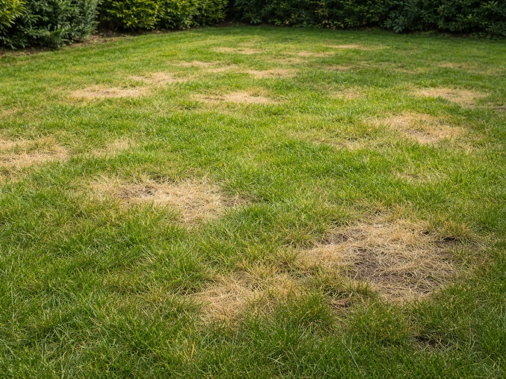 Gazon met gele en dorre plekken, deels verspreid en deels lokaal, vanuit ooghoogte in een stille tuin.
