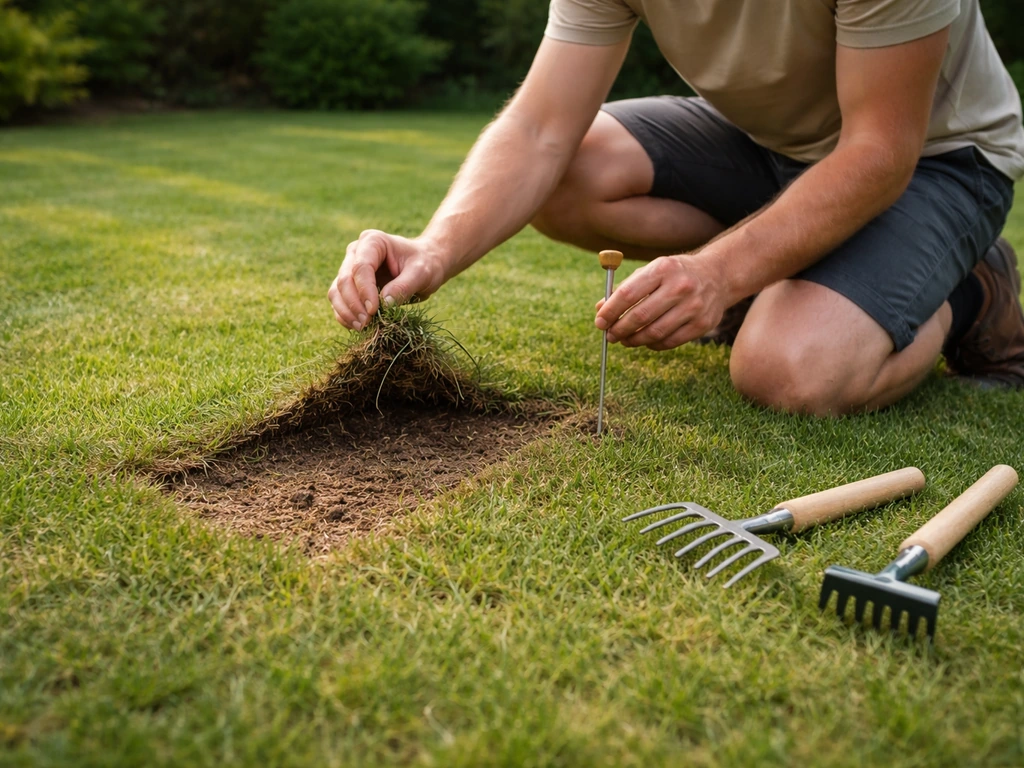 Tuinier inspecteert een gazon met viltlaag en een meetstok; daarna wordt klaargemaakt om te beluchten