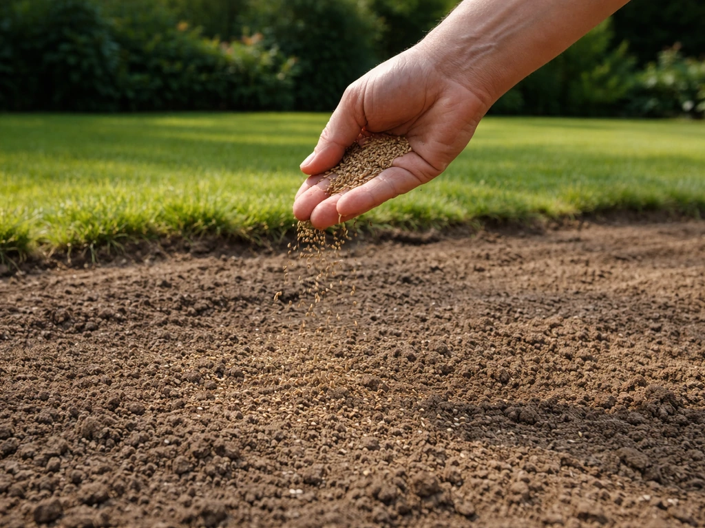 Iemand zaait nieuw graszaad in een tuinbed; open grond, zaadverdeling en licht aangeharkte bovenlaag.