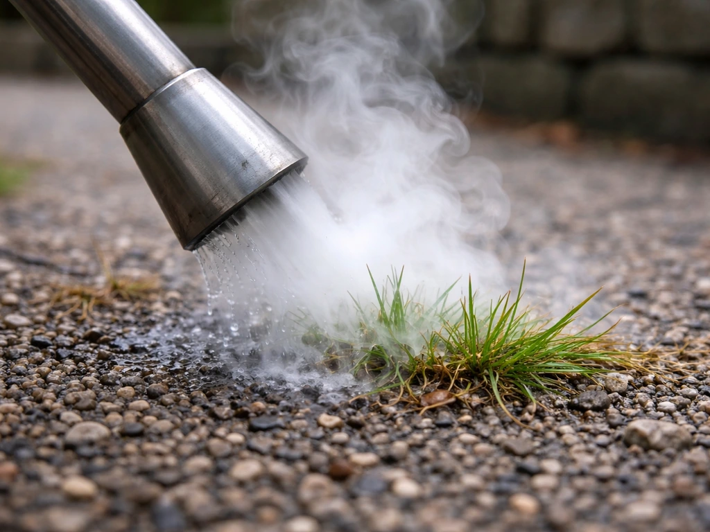 Close-up van heet water/stoom die op kort gras en onkruid verdampt op een grindpad