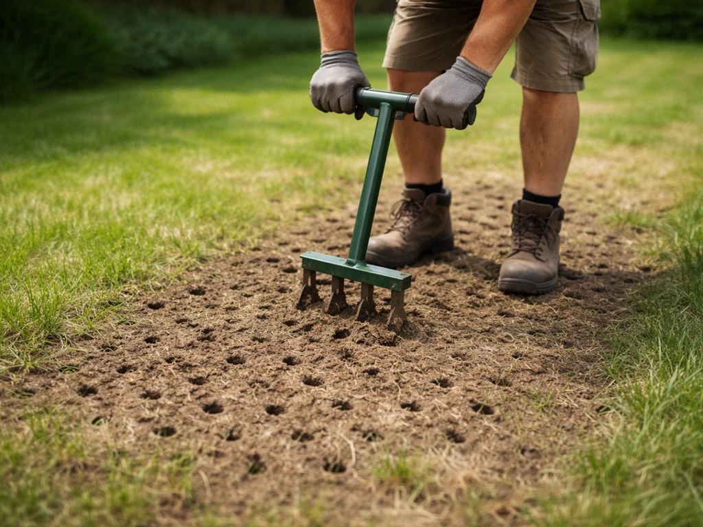 Tuinman maakt met een greep beluchtingsgaatjes in herstellende gazonbodem